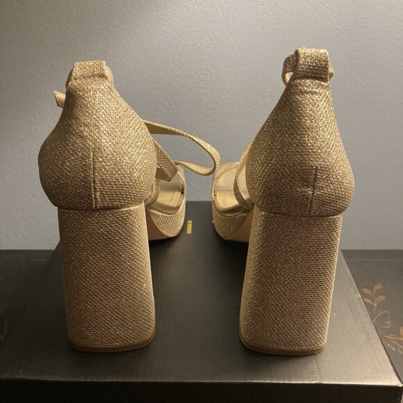 IDIFU Women's Gold Glitter Platform High Chunky Heels Open Toe Sandal - Picture 6 of 8